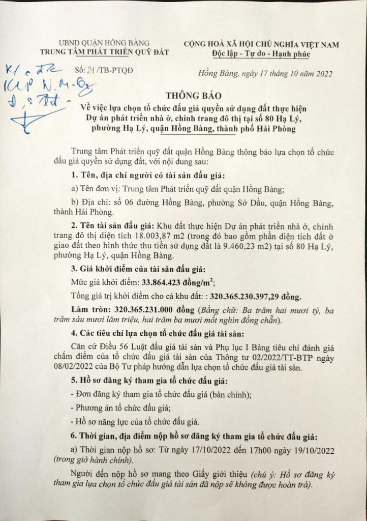 Chủ đầu tư dự án ở 80 Hạ Lý, Hải Phòng là ai? đấu thầu 80 hạ lý